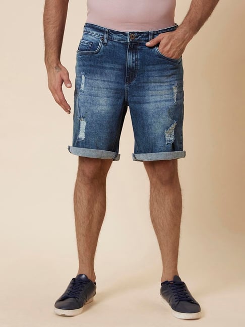 Globus Blue Regular Fit Distressed Denim Shorts-picture-36