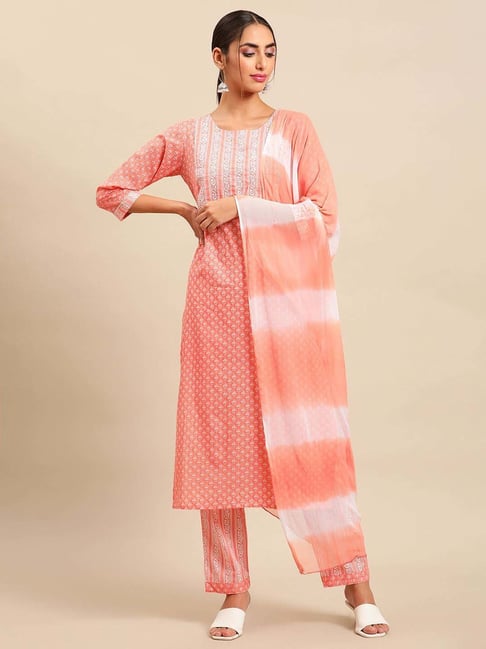 Vastramyaa Coral Cotton Printed Kurta Pant Set With Dupatta Price in India