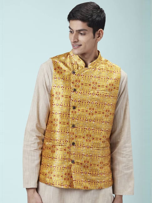 Mustard Woven Design Nehru Jacket– Inddus.in