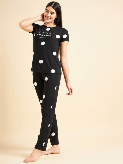 Sweet Dreams Black Cotton Polka Dot T-Shirt With Pyjamas