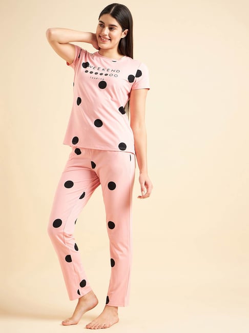 Sweet Dreams Peach Cotton Polka Dot T-Shirt With Pyjamas