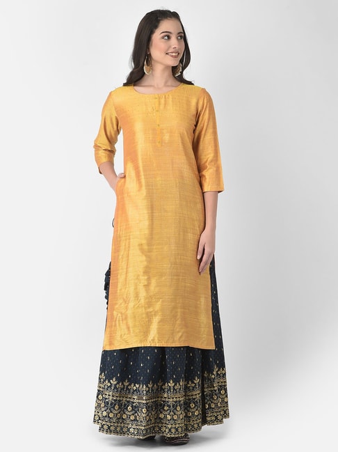 Span Yellow Embellished Straight Kurta Price in India