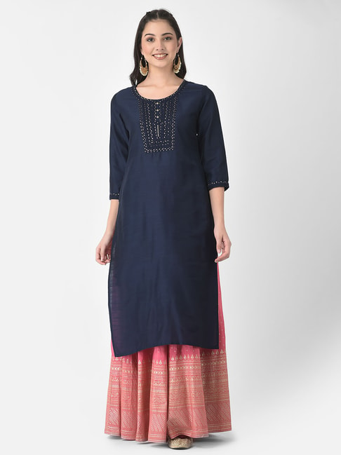 Span Blue Embroidered Straight Kurta Price in India