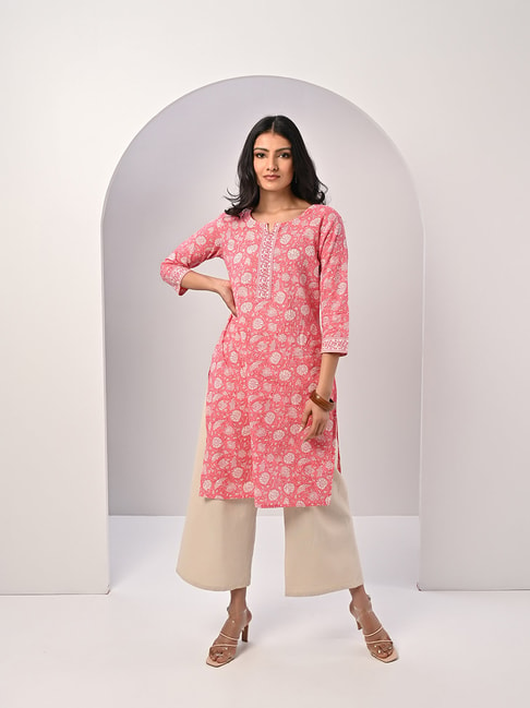 Rangita Pink Printed Cotton Straight Kurta Price in India