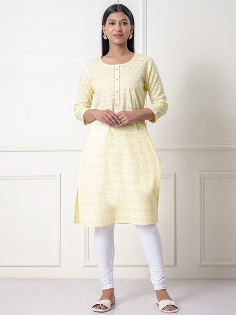 Rangita Light Yellow Printed Cotton Straight Kurta Price in India