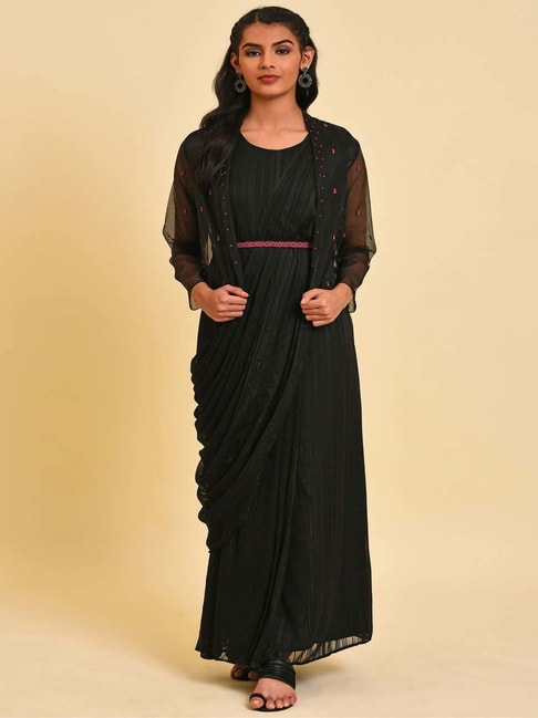 Wishful by W Black Striped Saree With Short Jacket Price in India