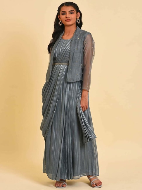 Wishful by W Grey Striped Saree With Short Jacket Price in India