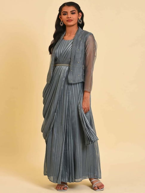 Wishful by W Grey Striped Saree With Short Jacket