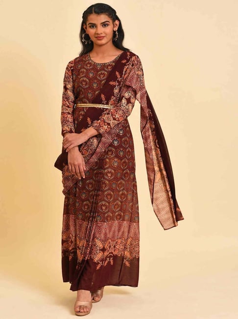 Wishful by W Maroon Printed Maxi Saree Style Dress Price in India