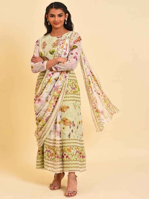Wishful by W Green Printed Maxi Saree Style Dress Price in India