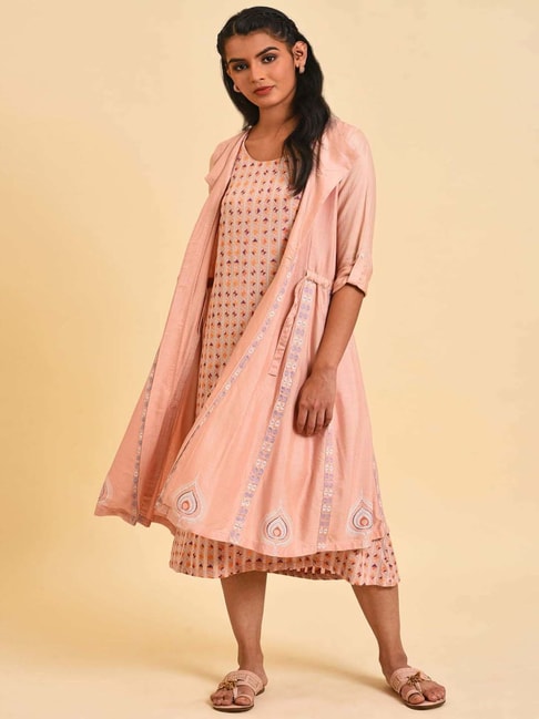W Peach Cotton Printed A-Line Dress Price in India