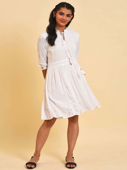 W White Self Pattern A-Line Dress Price in India