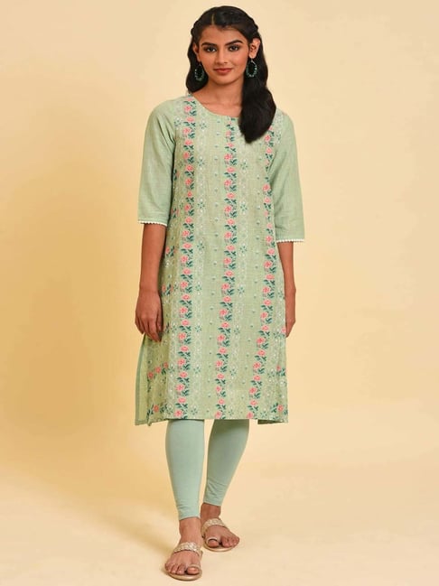 W Green Cotton Printed Straight Kurta