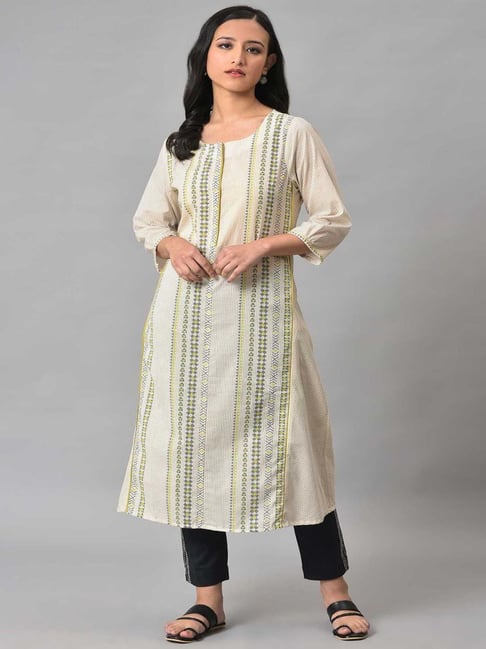 W Off-White Cotton Printed A Line Kurta