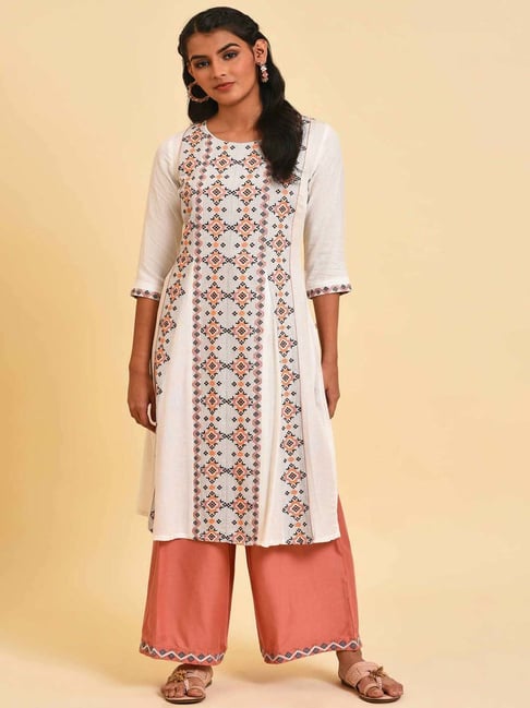 W Off-White Cotton Printed Straight Kurta