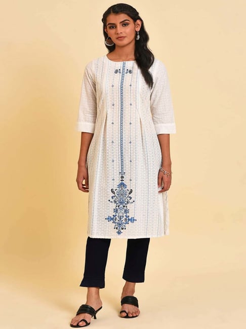 W Off-White Cotton Printed Straight Kurta