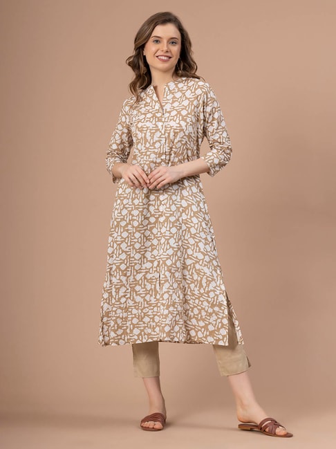 Mode by Red Tape Light Brown Cotton Printed Straight Kurta Price in India