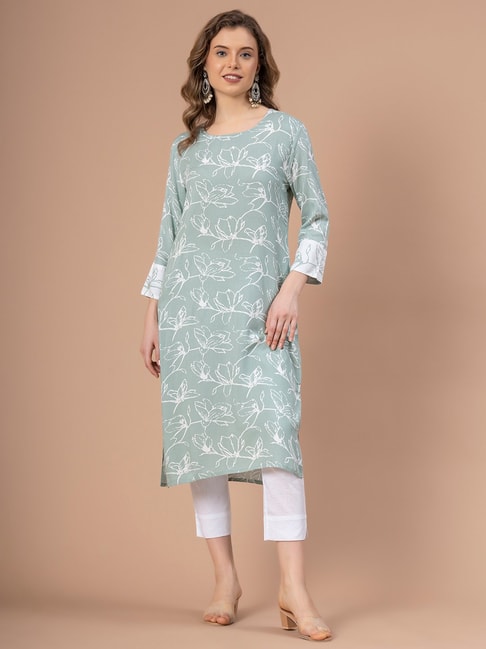 Mode by Red Tape Pale Green Rayon Floral Straight Kurta Price in India