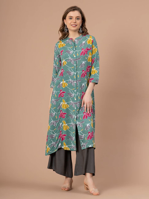 Mode by Red Tape Aqua Rayon Floral Straight Kurta Price in India