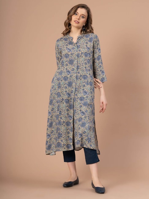 Mode by Red Tape Blue Rayon Floral A Line Kurta Price in India