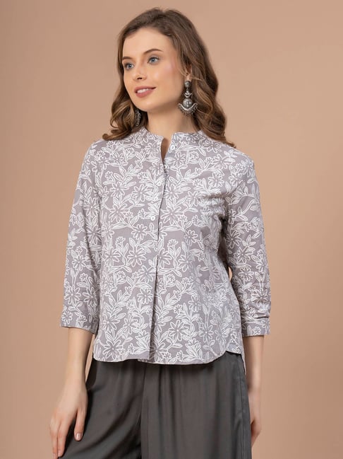 Mode by Red Tape Grey Cotton Floral Print Top Price in India