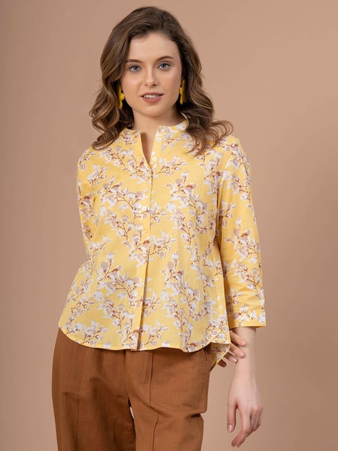 Mode by Red Tape Yellow Cotton Printed Top Price in India