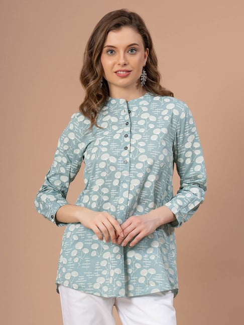 Mode by Red Tape Sea Green Cotton Printed Top Price in India