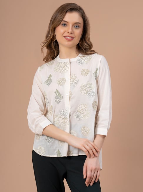 Mode by Red Tape Off White Cotton Embroidered Top Price in India