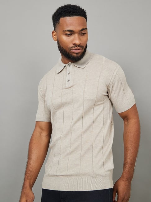 Buy Styli Grey Regular Fit Striped Polo T Shirts for Mens Online