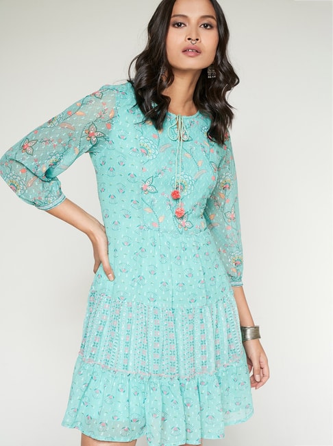 Global Desi Aqua Floral Print Fit & Flare Dress Price in India