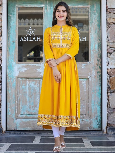 Mustard Yellow Long Cotton Anarkali Gown with Sequins Jacket