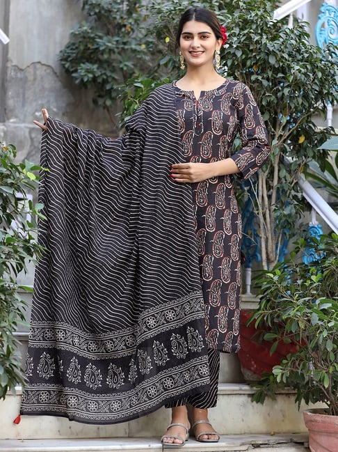 Black Pure Cotton Straight Kurta Pant With Dupatta Set VKSKD1436 – Ahika