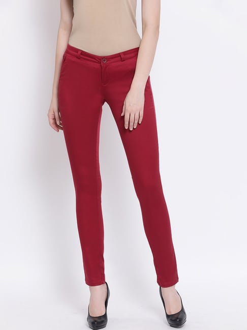 Crimsoune Club Red Cotton Skinny Fit Trousers