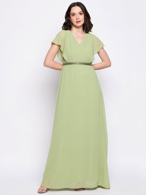 Green Self-Design Maxi Dress - Vividbyte Enterprises Private Limited