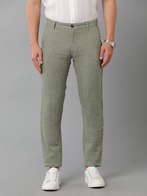 Linen Club Studio Men's Linen Green Solid Mid-Rise Slim Fit Trouser