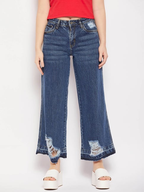 Camla by MADAME Blue Distressed Straight Fit Mid Rise Jeans