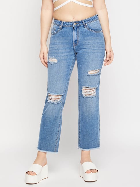 MADAME Blue Distressed Straight Fit Mid Rise Jeans