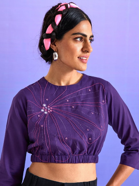 Okhai Dark Purple Embellished Crop Top Price in India