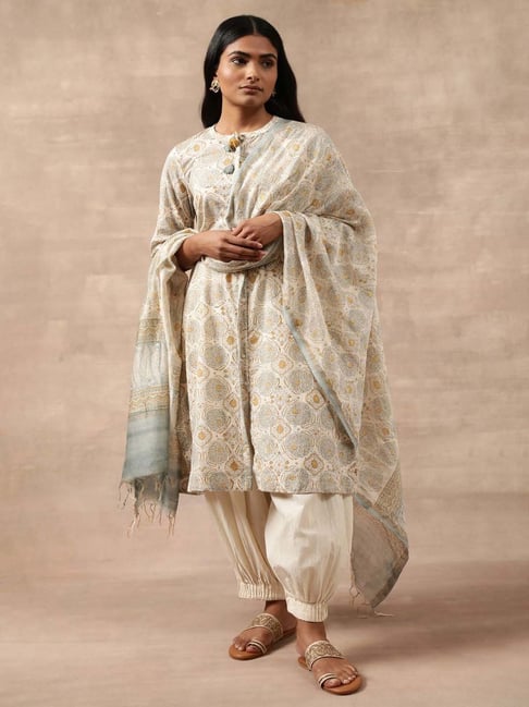 Folksong by W Off-White Cotton Printed Dupatta