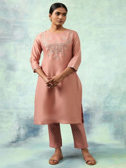 Folksong by W Peach Cotton Embroidered Straight Kurta Price in India