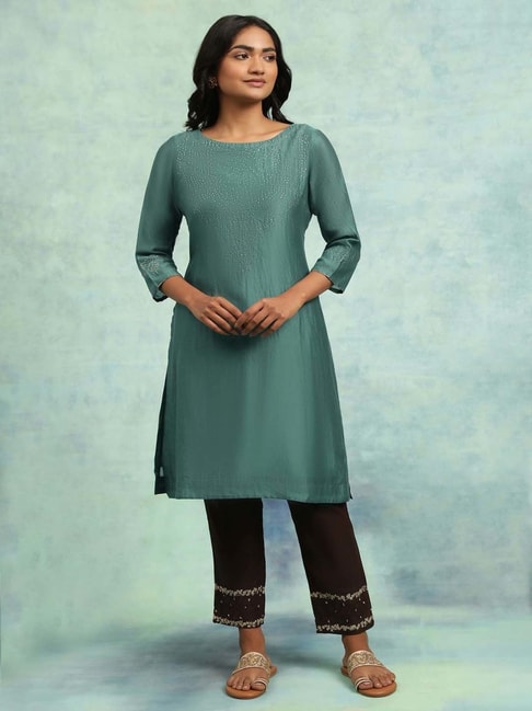 Folksong by W Blue Cotton Embellished Straight Kurta Price in India