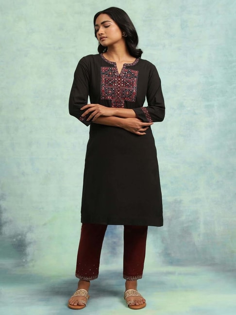 Folksong by W Black Cotton Embellished Straight Kurta Price in India