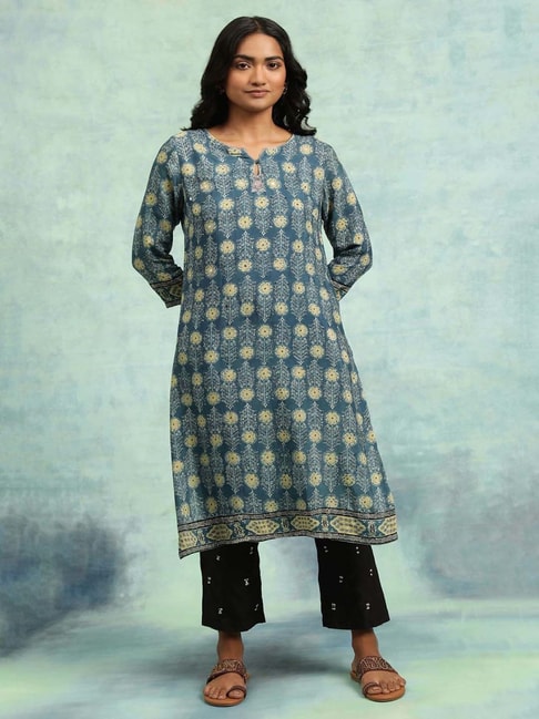 Folksong by W Blue Printed Straight Kurta Price in India