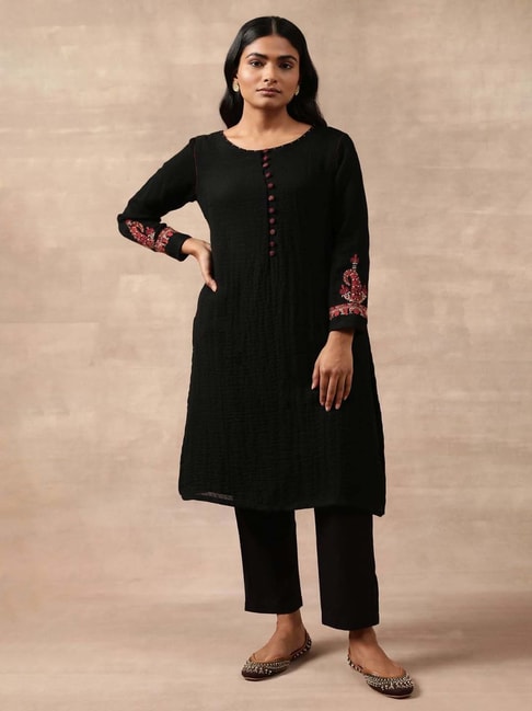 Folksong by W Black Embroidered A Line Kurta Price in India