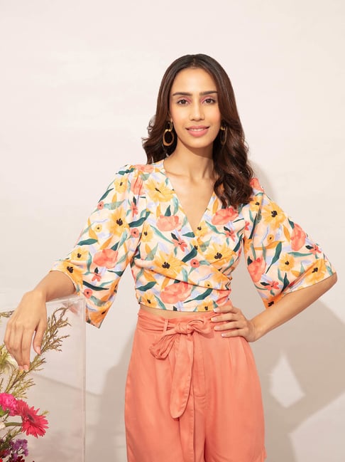 Twenty Dresses Multicolor Floral Print Bell Sleeves V Neck Crop Top