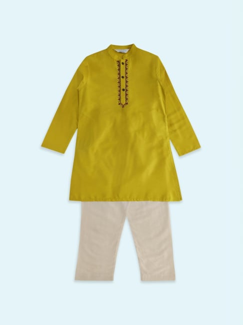 Indus Route by Pantaloons Kids Mustard & Grey Embroidered Full Sleeves Kurta Set-image-42