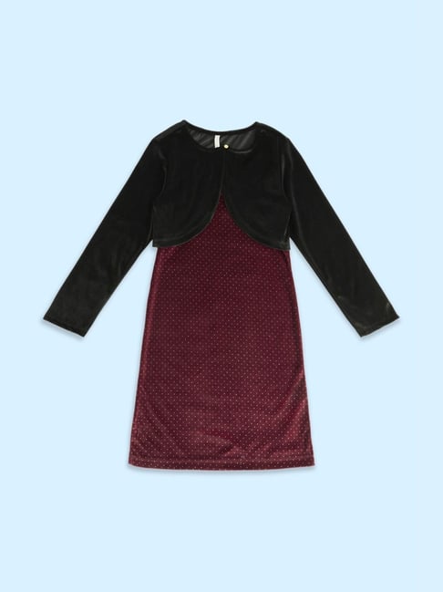 Pantaloons Junior Maroon Black Cotton Printed Dress Set