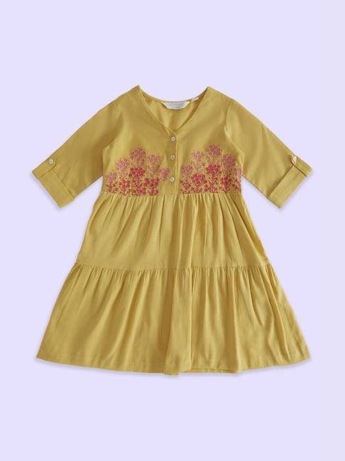 Akkriti by Pantaloons Kids Mustard & Pink Cotton Embroidered Dress-picture-34