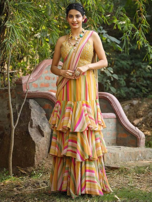 SCAKHI Yellow Stripes Ready To Wear Saree With Blouse Price in India