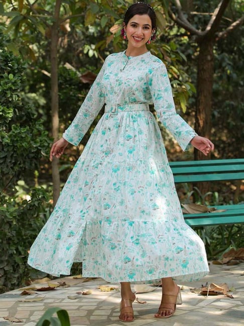 SCAKHI White & Turquoise Cotton Floral Print Maxi Dress With Belt Price in India